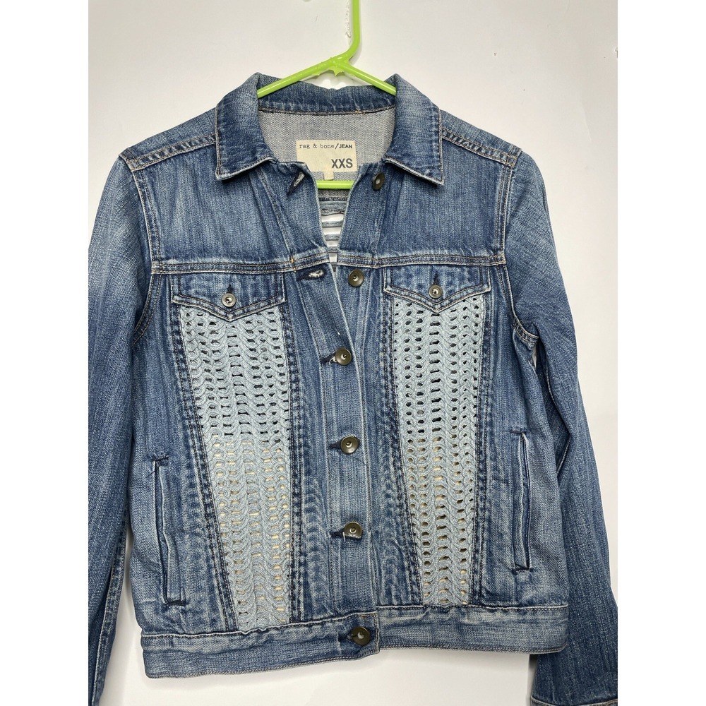 Rag & Bone Blue Jean Crochet Denim Jacket Women's Size XXS with Pockets EUC - Picture 2 of 8